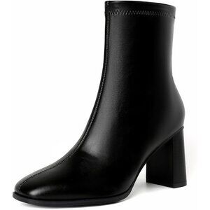 Women's Black Chunky Block Heel Square Toe Side Zipper Short Booties